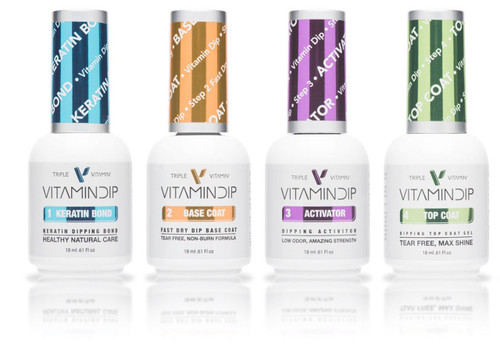 Triple Vitamin Dip Liquid | SET OF 4: KERATIN BOND, BASE COAT, ACTIVATOR, and TOP COAT